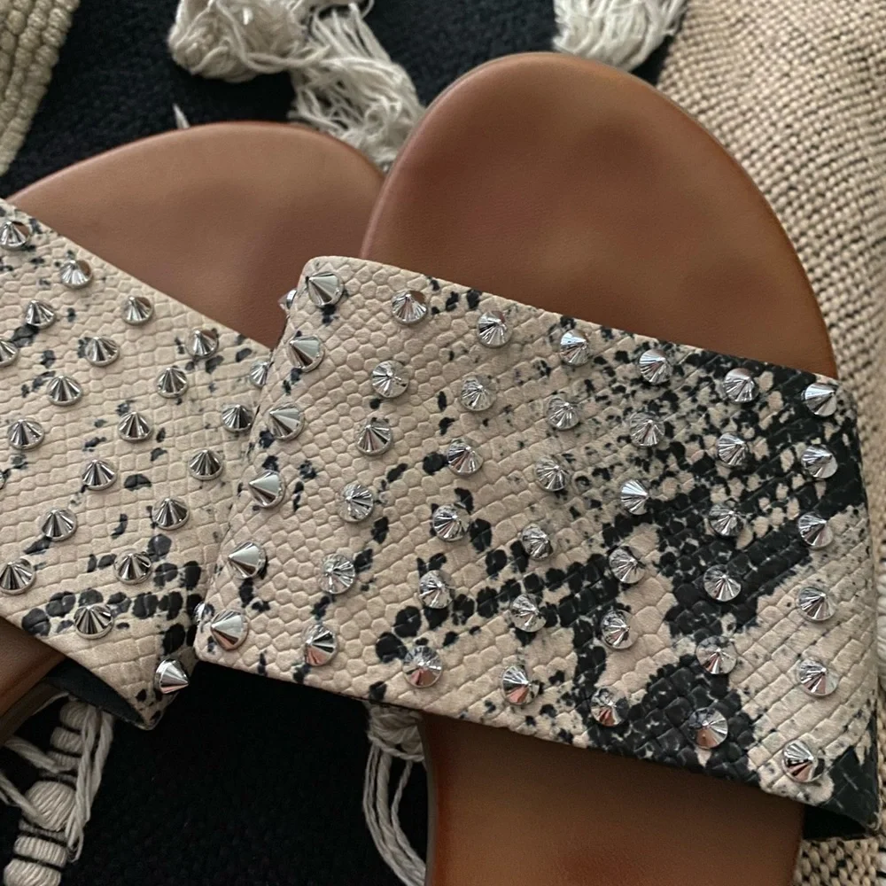 Madden Girl Beige Snake-Print Slide Sandals with Studs